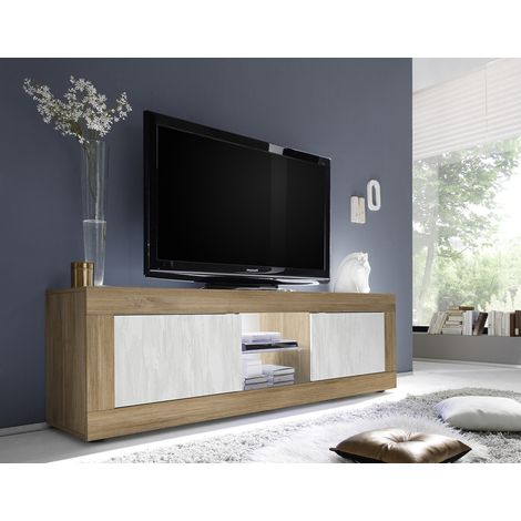 Meuble TV moderne 180 cm chêne mercure/blanc structuré Agathe (1/5)
