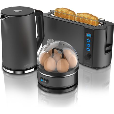 Arendo - Wasserkocher mit Toaster und Eierkocher SET Edelstahl Grau Wasserkocher 1,5L 40° - 100°C, Toaster 2 Scheiben LED-Display 6 Bräunungsgrade (1/5)