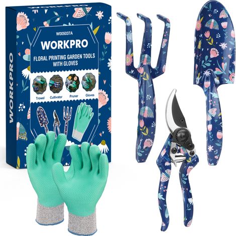 WORKPRO Ensemble d'Outils de Jardinage 4 Pièces, Outils en Acier Inoxydable avec Gants, Sécateur, Truelle de Jardin, Râteau à Main, Idéal pour Taille et Entretien, Cadeaux de Jardinage, Bleu Imprimé (1/5)