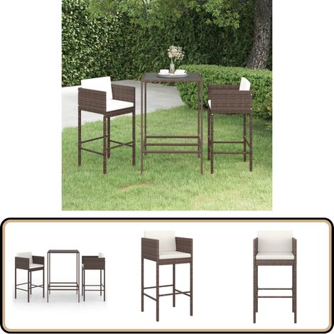 Meubles de bar de jardin 3pcs et coussins Résine tressée Marron - Ensemble Salon De Jardin - Mobilier De Jardin - Set De Bar Extérieur - Table De Bar - Chaises De Bar