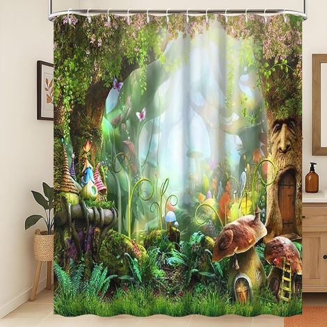 Rideau de Douche Forêt enchantée Forêt enchantée printanière Champignon Rideau de Douche imperméable Jungle Arbres Fleurs Flore Papillon Polyester Décoration intérieure 120x180cm (1/5)