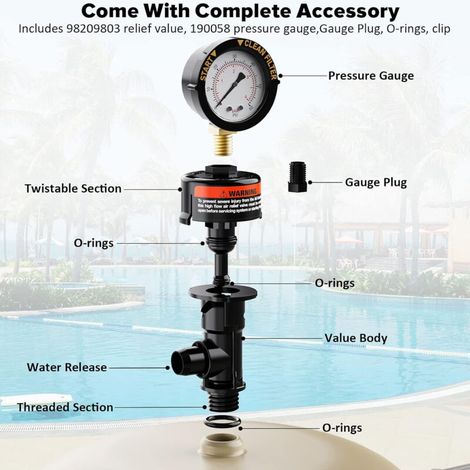 Soupape de décharge d'air pour filtre de piscine – Valve manuelle haute capacité – Jauge de pression intégrée – Filetage mâle 24mm