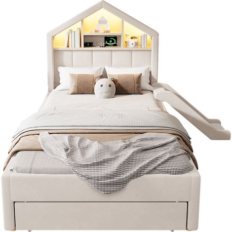 Kinderbett 90x200 cm Beige mit Rutsche, LED, Stauraum und Hauskopfteil (1/5)