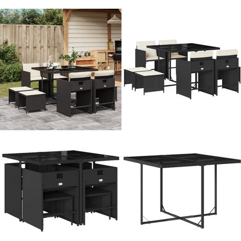 9-tlg. Garten-Essgruppe mit Kissen Schwarz Poly Rattan - Gartenmöbel Set - Esstisch - Gartenstühle - Gartenhocker - PE-Rattan Möbel - Home & Living (1/5)