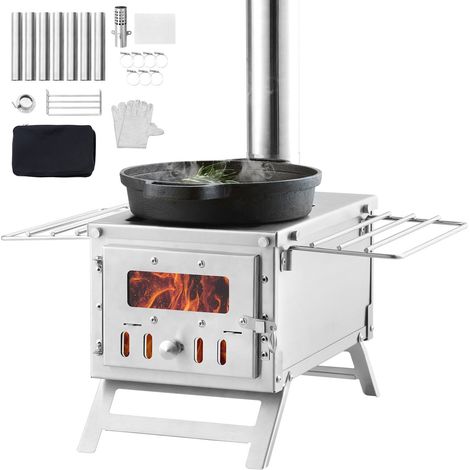 Poêle à bois, 203,2 cm, poêle de tente de camping en acier inoxydable portable avec 8 tuyaux de cheminée et gants, poêle de tente chaude pour la cuisine et le chauffage en plein air (1/5)