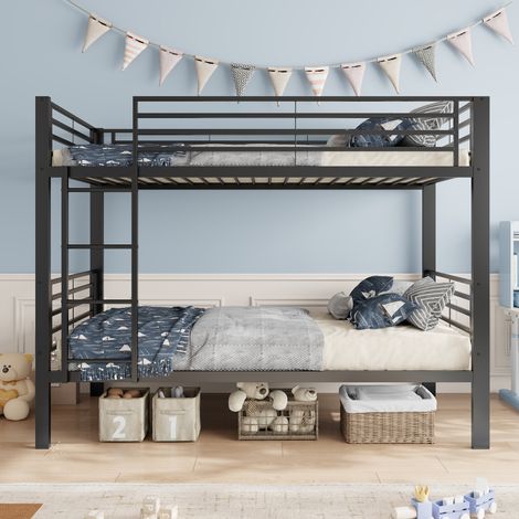 Lit superposé 90x200 cm en métal, lit double enfant et adulte avec structure renforcée 350 kg, sommier à lattes, escalier réversible gauche ou droite - Noir (1/5)