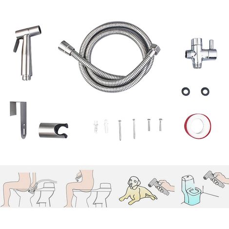 Tête de douchette WC en acier inoxydable, kit de nettoyage pour bidet avec raccord 1/2" UE (1/4)