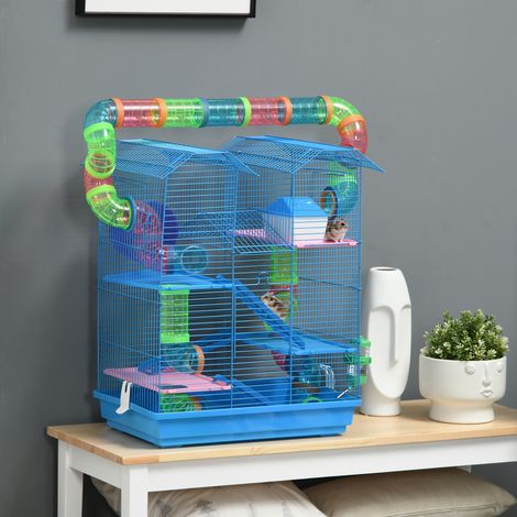 Jaula de 5 niveles para hámster y roedores, jaula para hámster con tubos de colores, rueda, casita y accesorios incluidos, 47x30x59 cm, azul