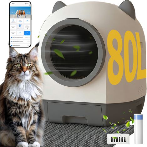Litière chat autonettoyante capacité maximale de 80L, bac à litière pour chat alerte intelligente via contrôle app, surveillance santé, capteur infrarouge, adapté à de nombreux types de litière