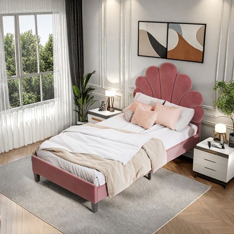 Lit enfant rembourré 90 x 200 cm,cadre de lit avec tête de lit fleurie et sommier à lattes,lit fille en tissu velours doux,rouge (1/5)