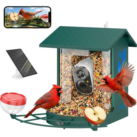 Mangeoire oiseaux avec caméra intelligente 2K coque acier anti-écureuil panneau solaire 30 x 34,5 x 26,3 cm vert (1/5)