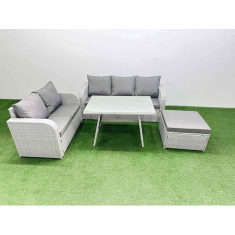Fimous Outdoor PE Rattan Garden Furniture Set Rectangular Dining Table Sofa Set with Big Stool Light Grey (1/4)