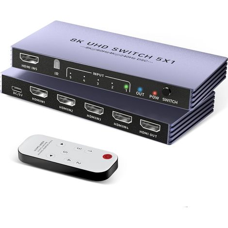 Répartiteur HDMI 4K 240 Hz 5 en 1 sortie – 8K @ 60 Hz Répartiteur HDMI avec télécommande 5 ports Switcher Box Support 3D HDR10+ CEC HDR HDCP2.3, pour 5/4, Xbox, DVD, Nintendo PC, TV, Fire (1/5)