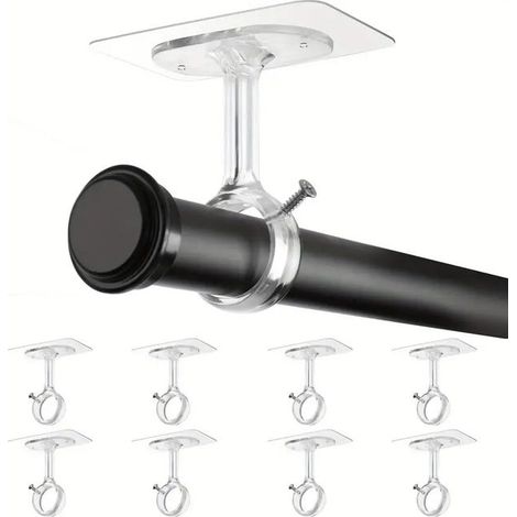 Juego de 8 soportes de techo para barras de cortina, fijación adhesiva sin clavos, ganchos ajustables de Ø3 cm, fácil de instalar en pared o techo (1/5)