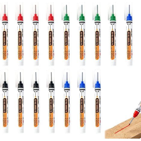 Confezione da 16 pennarelli extra lunghi da 20 mm con punta profonda, ideali per marcare con precisione su legno, plastica, pareti, metallo e cartone, disponibili in 4 colori diversi (nero, blu, rosso (1/5)