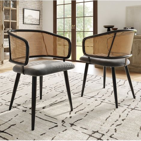 Sedia da pranzo in ferro e velluto grigio con schienale in rattan, 47 x 51 x 79 cm (1/5)