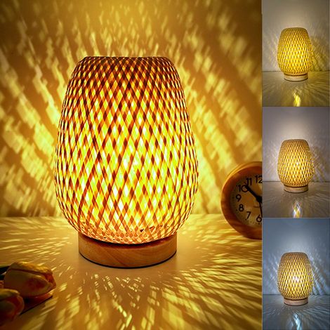 Lampe de Table en tissé E27 faite à la main avec Base veilleuse chevet 3 couleurs gradation télécommande 5V Bambou (1/5)