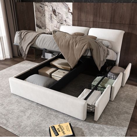 CHICFURN Letto contenitore 140x200 cm in velluto beige, idraulico, 3 cassetti, testiera (1/5)
