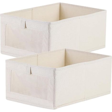 Boite de Rangement pour Penderie 2PCS Organisateur de Tiroir Pliable en Tissu Coton et Lin avec Fenêtre Transparente pour Vêtements, Lessive, Jouets, Livres 41x28x17cm Beige
