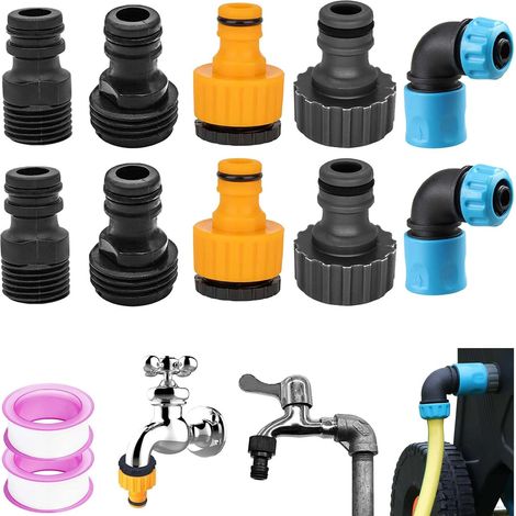 10 Pièces Raccord Tuyau Arrosage, 15/21 et 20/27 2 en 1 Raccord Robinet, 1/2 Embout Tuyau Arrosage 3/4 Embout Tuyaux Arrosage, 1/2 Connecteurs Rapides Coudés 90 Degrés pour Jardin (1/5)