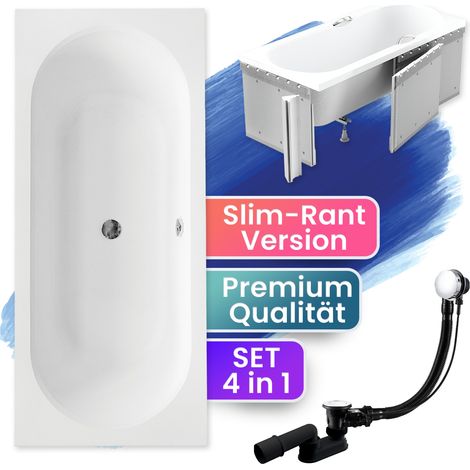 Badewanne Rechteck 150x75 mit Styroporverkleidung, Ablaufgarnitur & Füßen GRATIS - Komplettset 4in1 Original Acryl Wanne Siphon - BADLAND VITAE SLIM (1/5)