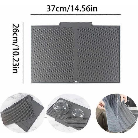 Tapis d'égouttage en silicone pour la vaisselle, avec rayures en relief et système d'évacuation intégré. Idéal pour égoutter la vaisselle sur un plan de travail ou un évier. Antidérapant et isolant. (1/4)