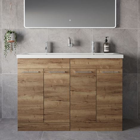 Napoli 390 Tobacco Oak 1200mm 4 Door Vanity Unit with Double Glide Basins - 1200mm - Chrome 160mm Handle