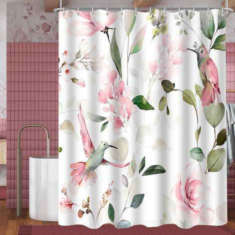 Rideau de douche 180 x 200 cm - Motif oiseau peinture - Ourlet lesté - Anti-moisissure - Imperméable - Lavable - En polyester - Avec 12 œillets et anneaux de rideau de douche - Pour salle de (1/5)