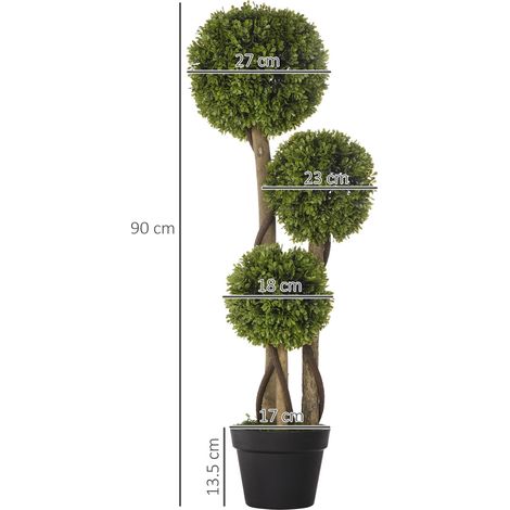 Plante de buis artificielle avec 3 boules et un pot inclus, base renforcée, hauteur 90 cm (1/5)