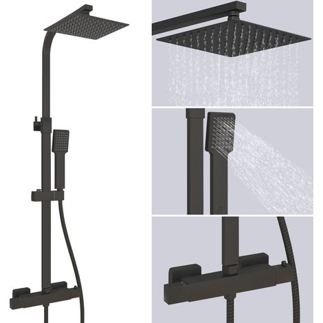 AICA Bathroom Matte Black Thermostatic Shower Mixer Kit Twin Head Exposed Square Bar Set (1/5)