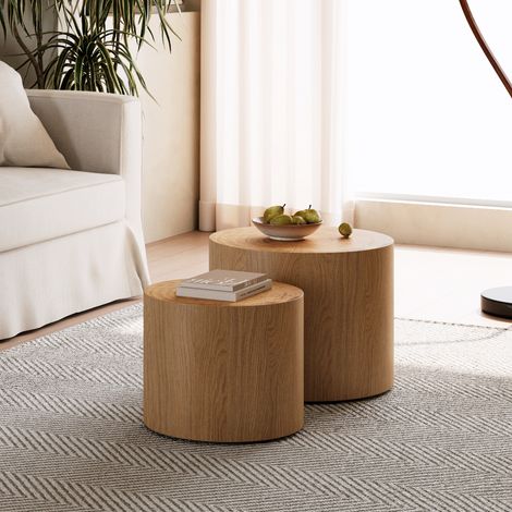 Couchtisch 2er Set rund 48 x 38 cm, Satztische in Holzoptik, Beistelltisch modern mit Baumring-Dekor, Wohnzimmertisch für Schlafzimmer Balkon Büro