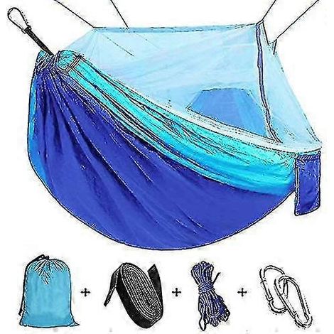 Hamac avec moustiquaire, hamac de voyage ultraléger en nylon parachute pour le camping, la randonnée et le jardin, 110 po (L) x 59 po (l) (bleu) (bleu/bleu ciel) (1/5)