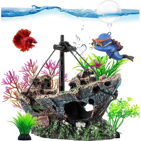 Décoration Épave Bateau pour Aquarium, Décoration Aquarium Plongeur avec Boule Flottante, 6 Pcs Plante Aquarium Artificielle, Plante Aquarium Ornement Décorative (1/5)