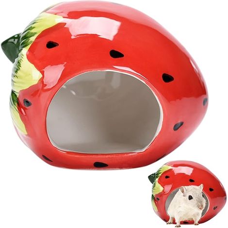 Hamster House Hideout Guinea Pig Ceramic Strawberry Shape for Chinchillas, Squirrels and Other Small Animals.