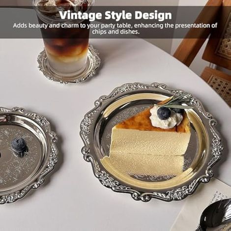 Plateau de service à motif floral en relief, plateau décoratif vintage en miroir gravé, style rétro argenté, idéal pour une pendaison de crémaillère, Noël et les fêtes de fin d'année. (1/5)