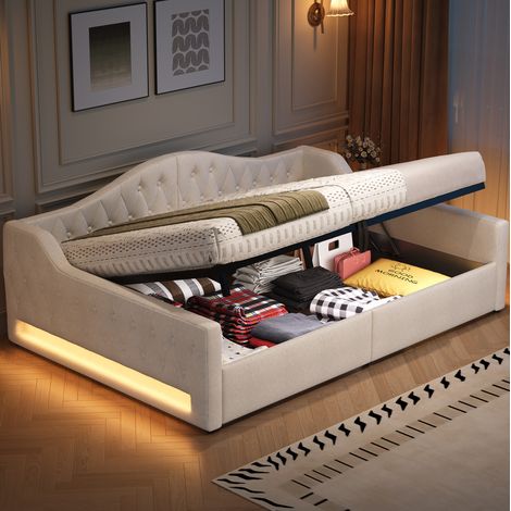 Lit de jour rembourré en lin beige 140x200 cm avec rangement sous le lit et LED, sommier à lattes inclus (1/5)