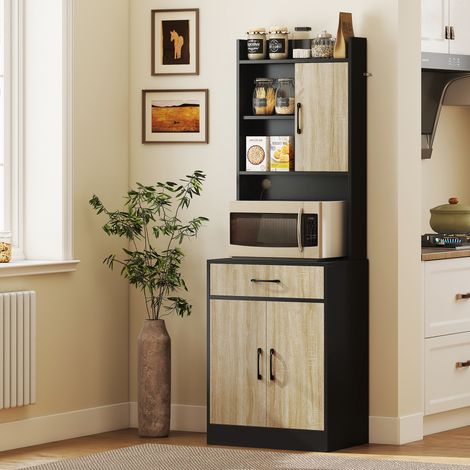 Mueble de cocina con encimera y orificio para cables, cómoda de cocina moderna con cajón, 3 estantes abiertos, madera natural, negro. (1/5)