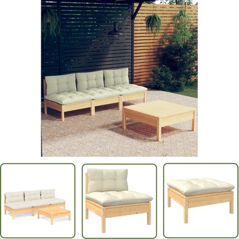 Salon de jardin 4 pcs avec coussins crème Bois de pin 8 (1/5)