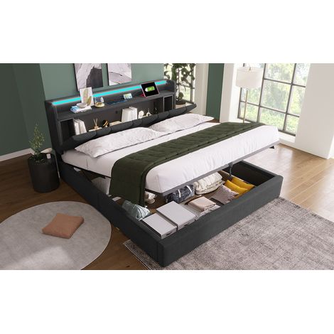 Polsterbett 140x200 cm Stoff Grau mit Stauraumkopfteil und LED, ohne Matratze – MEUBLIV (1/5)
