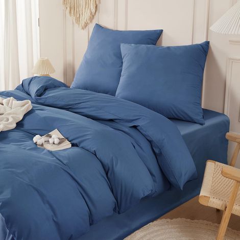 Bettwäsche-Set 200x220 cm 3-teilig aus 100% Baumwolle, Leinen-Optik, Marineblau