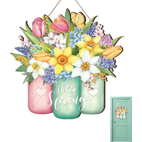 Panneau de Porte Spring, Bienvenue Printemps Décoration, Décoration Panneau de Porte en Bois, Hello Spring Sign, Printemps Door Sign, avec Cordelette et Fleurs, Ornements à Suspendre (1/5)