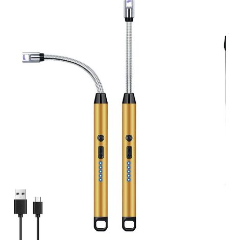 Briquet électrique coupe-vent sans flamme or – 2 pièces, flexible 360° & affichage LED pour camping et barbecue (1/5)