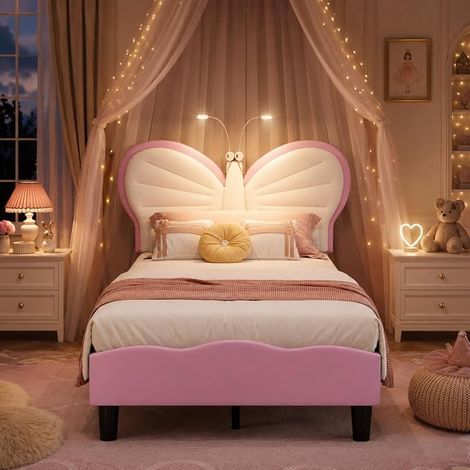 Générique Lit Fille avec Lampes LED,Lit Enfant Fille avec Tête de Lits réglable en Forme de Papillon et Lattes en Velours-Rose-90x190 cm (1/5)