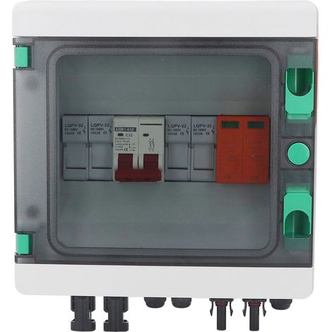 Boîtier de combinaison photovoltaïque solaire à 2 chaînes DC500V, fusible 15A, parafoudre, disjoncteur DC 32A, parafoudre et connecteur solaire, étanche IP65, convient aux systèmes de panneaux solaire (1/5)