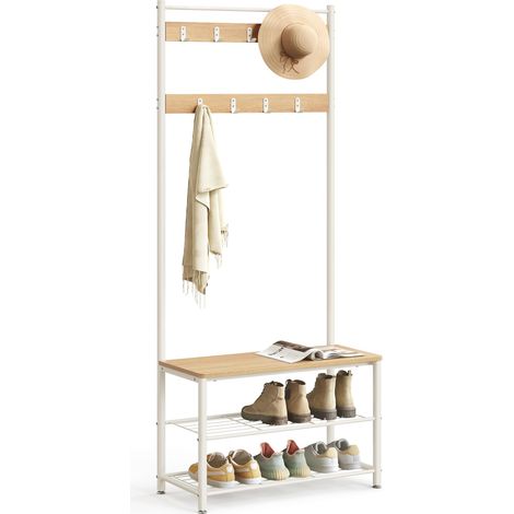 Porte-Manteau avec Étagère à Chaussures, Meuble d’Entrée avec Banc, 3-en-1, Cadre en Acier, pour Entrée, Couloir, 32 x 70 x 177 cm, Style Moderne, Couleur Chêne et Crème HSR041W09 (1/5)