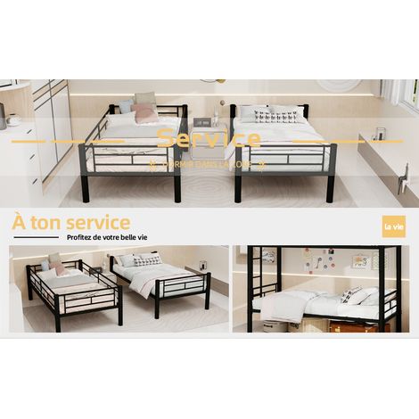 Lit superposé noir en métal 90x190 cm avec échelle et barrières, convertible en deux lits simples pour chambre d enfant (1/5)