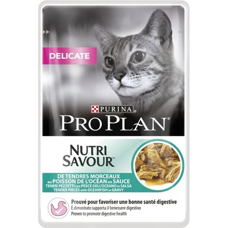 pro plan delicate,  alimento umido per gatto, teneri pezzetti in salsa con pesce dell'oceano.