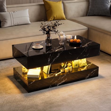 Couchtisch 100x50x45cm – Couchtisch in Marmoroptik mit RGB-LED-Beleuchtung und 2 Schubladen – Modernes Wohnzimmerdesign – Schwarz