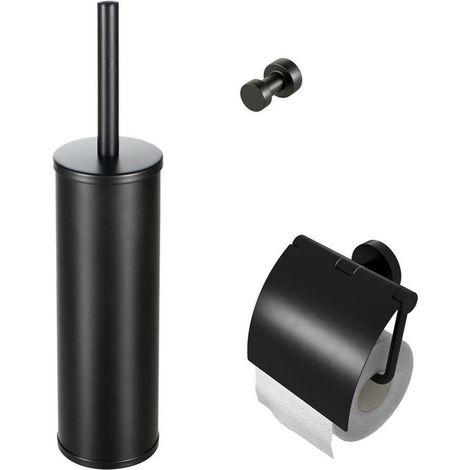 Geesa Nemox Set d'accessoires WC - Brosse de toilette avec support - Porte-rouleau de toilette avec couvercle - Crochet à serviette - Noir (1/2)