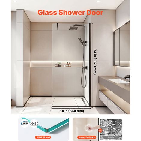 Paroi de Douche Fixe 86,4x187 cm, Pare Douche Semi-encadré, Écran pour Salle de Bain, en Verre Trempé Transparent de 8 mm d'Épaisse… (1/5)